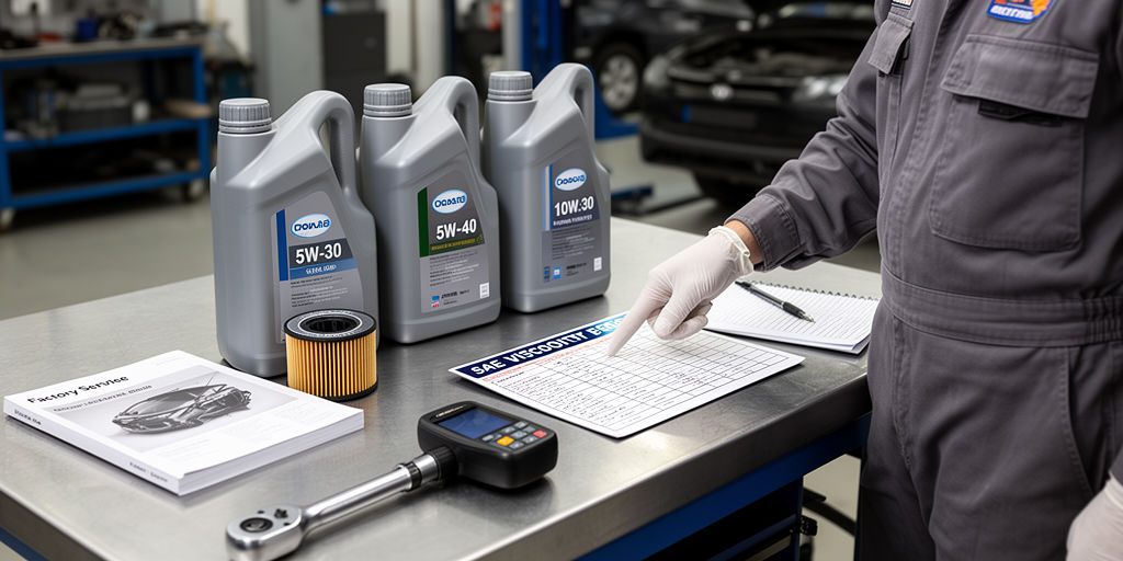 Механик сравнивает варианты моторного масла на верстаке