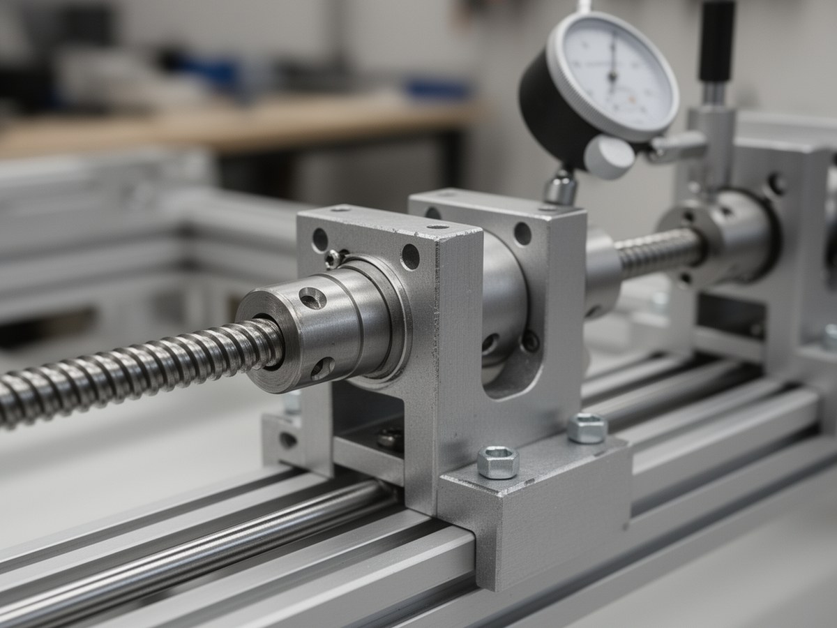 Крупный план каретки линейной направляющей и винтового привода при настройке