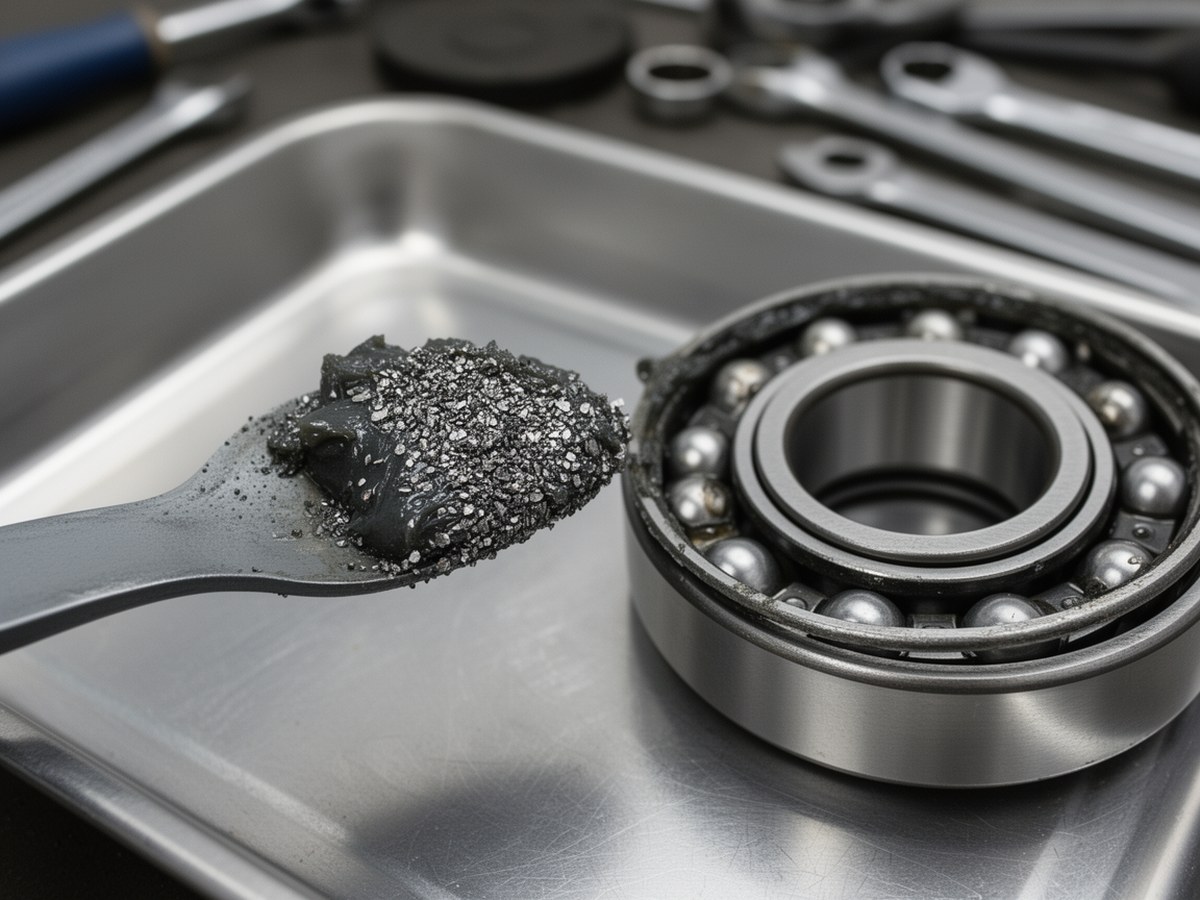 Загрязненная смазка с металлическими частицами рядом с разобранным подшипником