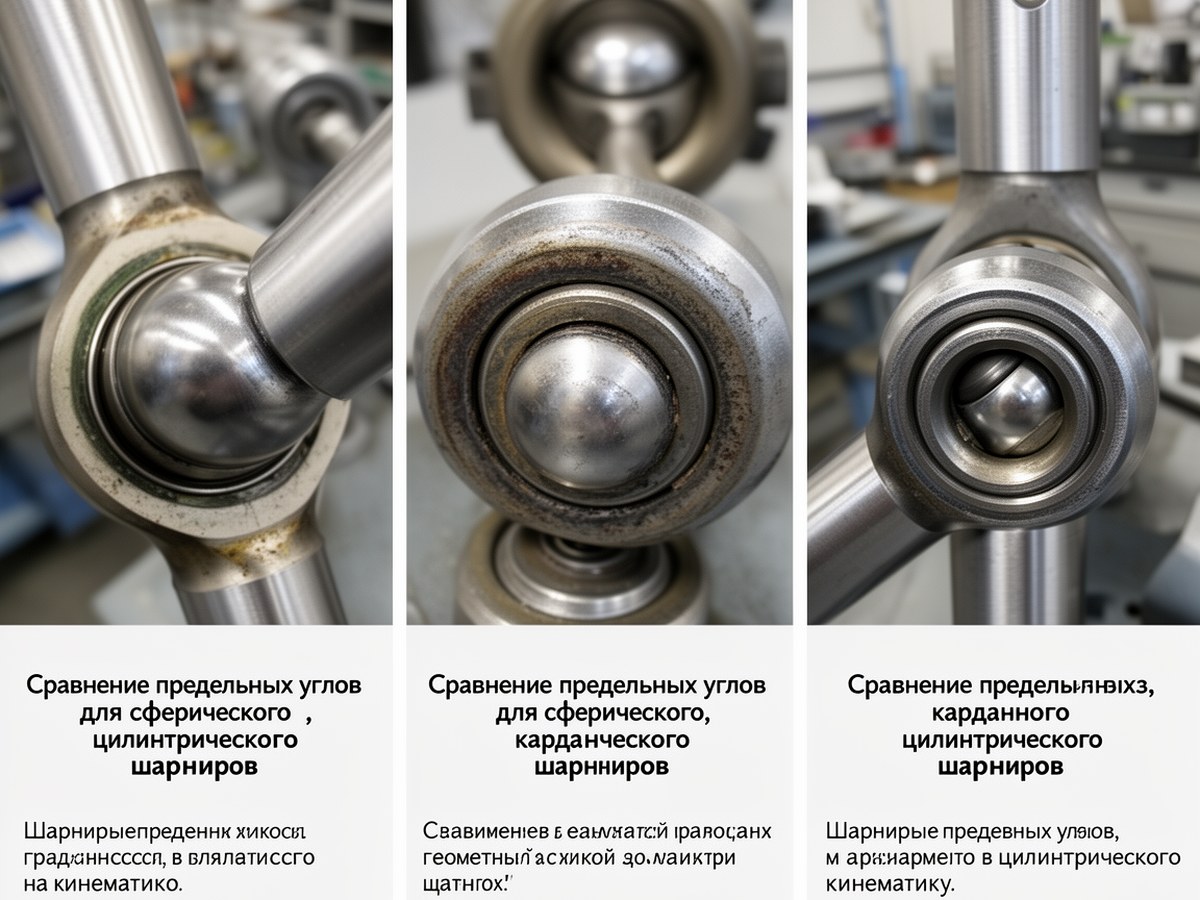 Сравнение предельных углов для сферического, карданного и цилиндрического шарниров